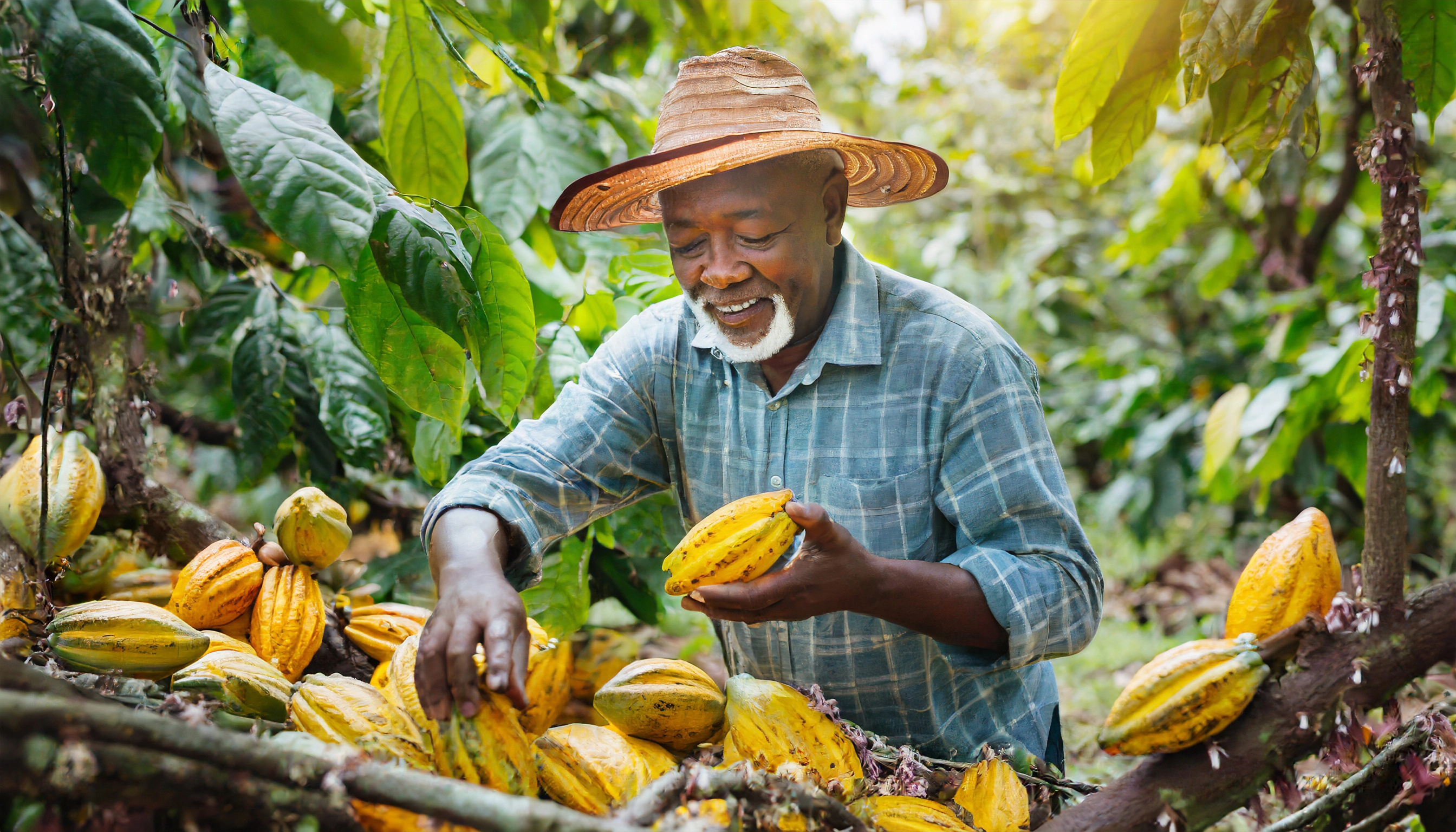 Farmer collecting cocoa harvest